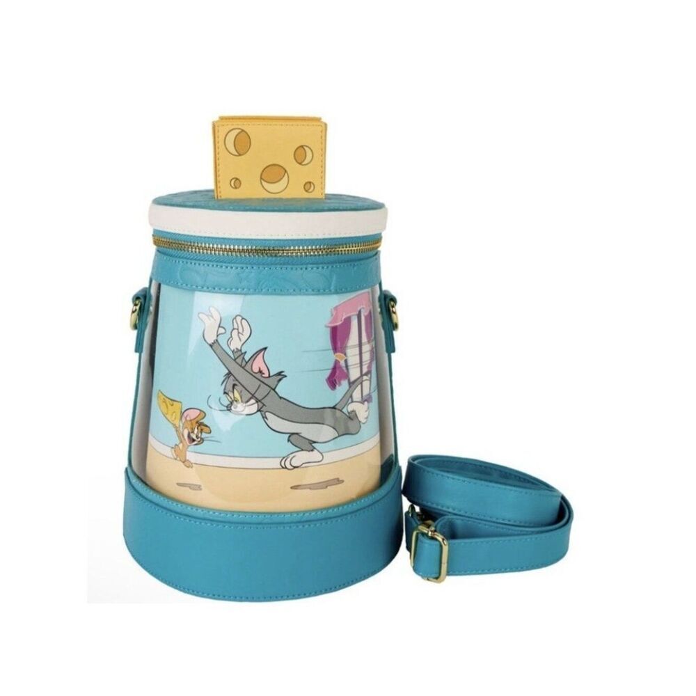 Loungefly Tom & Jerry Spinning Cartoon Scene Cylinder Cheese Cat Crossbody Bag